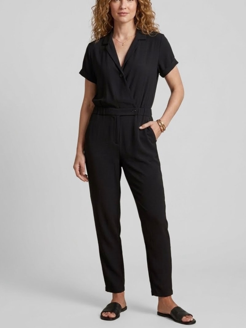 Anne Willi Paris Off Black Faux Wrap Short Sleeve Split V-Neck Jumpsuit Sz 2